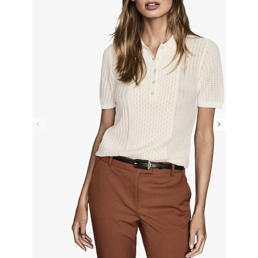 Reiss Alma Knitted Short Sleeve Polo Shirt Cream: Size M